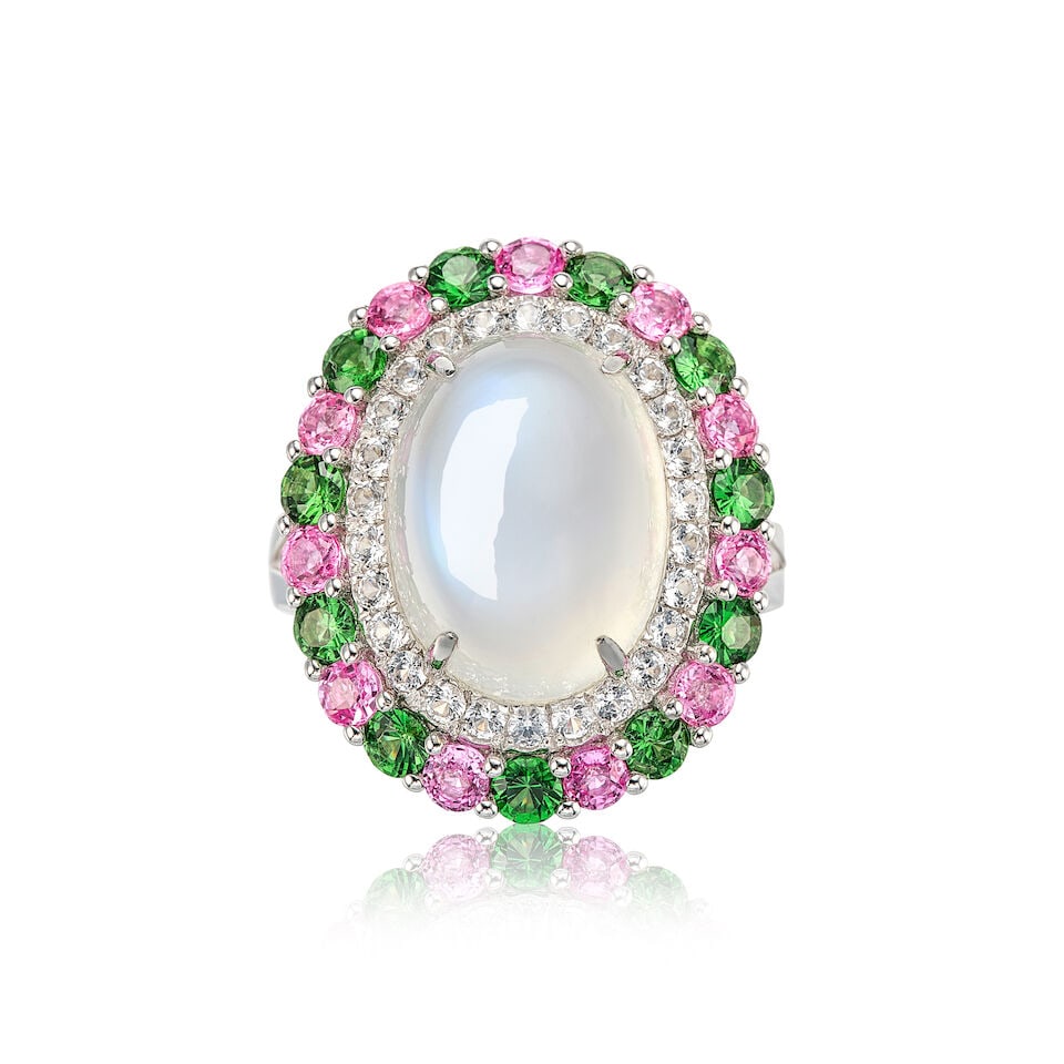 MOONSTONE AND GEM-SET RING: MOONSTONE AND GEM-SET RING 天然月光石配彩色寶石戒指 Certificate: gem report, feldspar (rainbow moonstone), natural,
