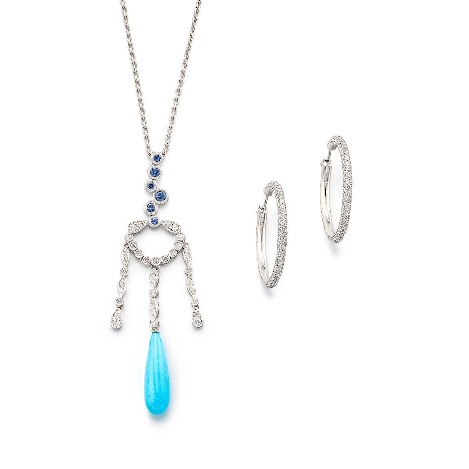 TURQUOISE, GEM-SET AND DIAMOND PENDANT NECKLACE; AND PAIR OF DIAMOND HOOP EARRINGS (2): TURQUOISE, GEM-SET AND DIAMOND PENDANT NECKLACE; AND PAIR OF DIAMOND HOOP