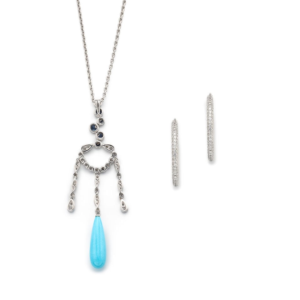 TURQUOISE, GEM-SET AND DIAMOND PENDANT NECKLACE; AND PAIR OF DIAMOND HOOP EARRINGS (2) - 3