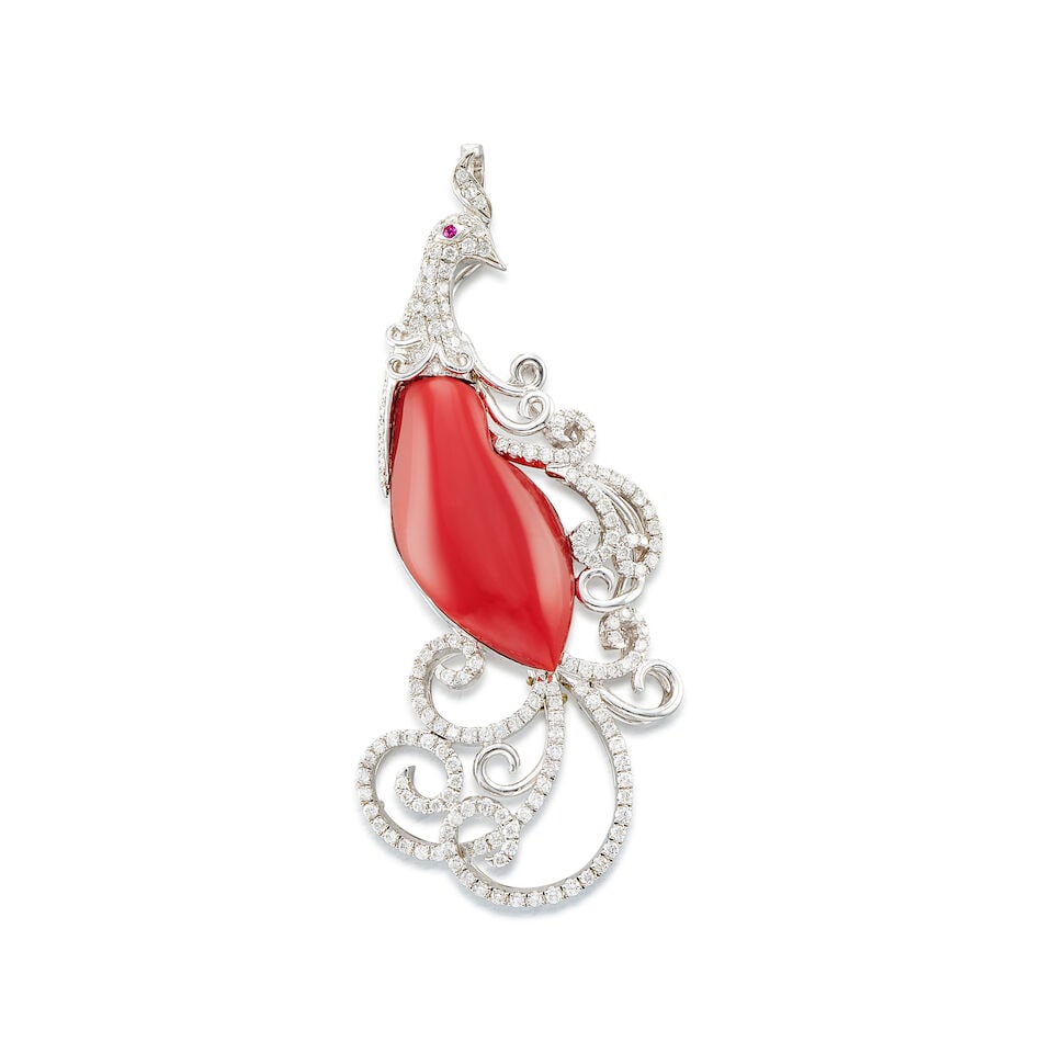 CORAL, GEM-SET AND DIAMOND 'PHOENIX' BROOCH/PENDANT: CORAL, GEM-SET AND DIAMOND 'PHOENIX'
