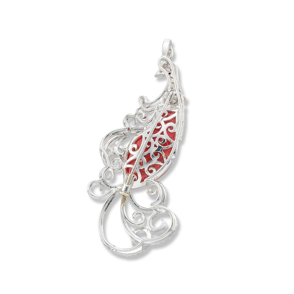 CORAL, GEM-SET AND DIAMOND 'PHOENIX' BROOCH/PENDANT - 3