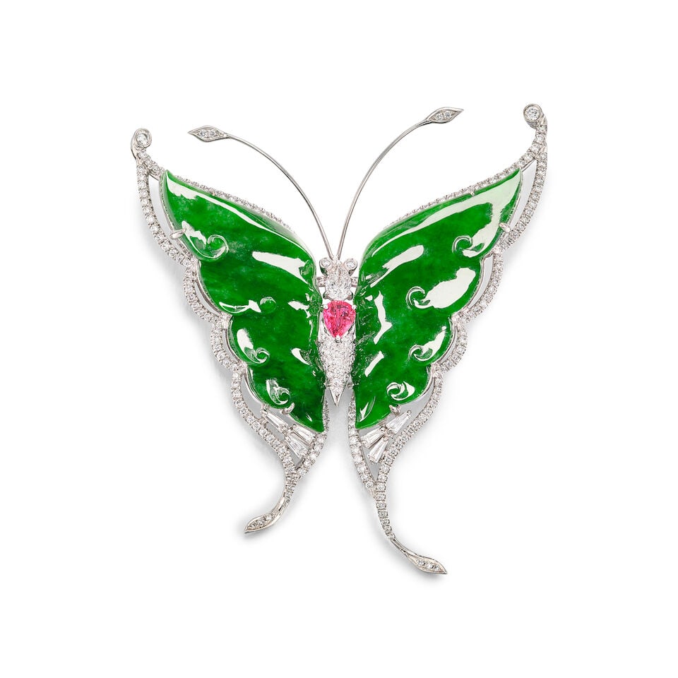 JADEITE, GEM-SET AND DIAMOND 'BUTTERFLY' BROOCH/PENDANT - 2