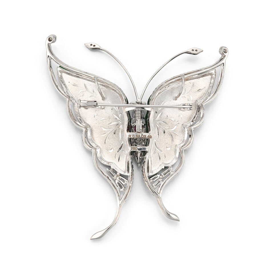 JADEITE, GEM-SET AND DIAMOND 'BUTTERFLY' BROOCH/PENDANT - 4