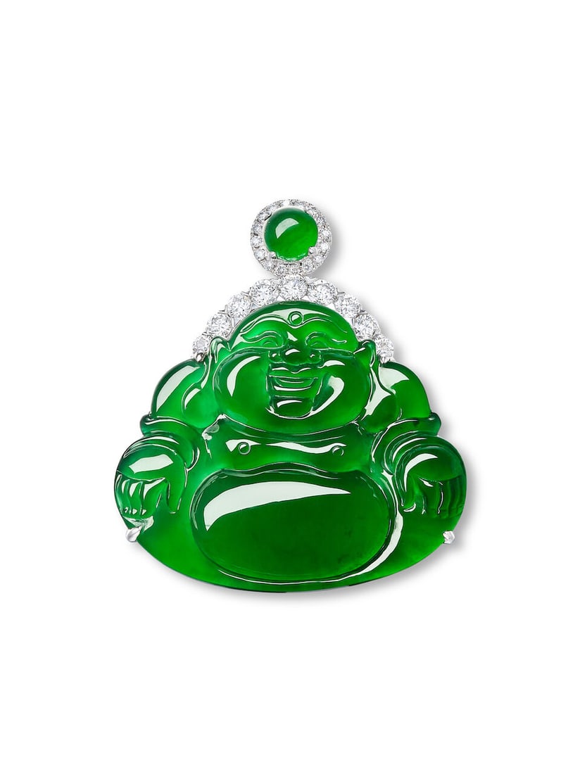 JADEITE AND DIAMOND 'LAUGHING BUDDHA' PENDANT: JADEITE AND DIAMOND 'LAUGHING BUDDHA' PENDANT 天然翡翠配鑽石「彌勒佛」吊墜 Certificate: HKJSL, jadeite, natural,