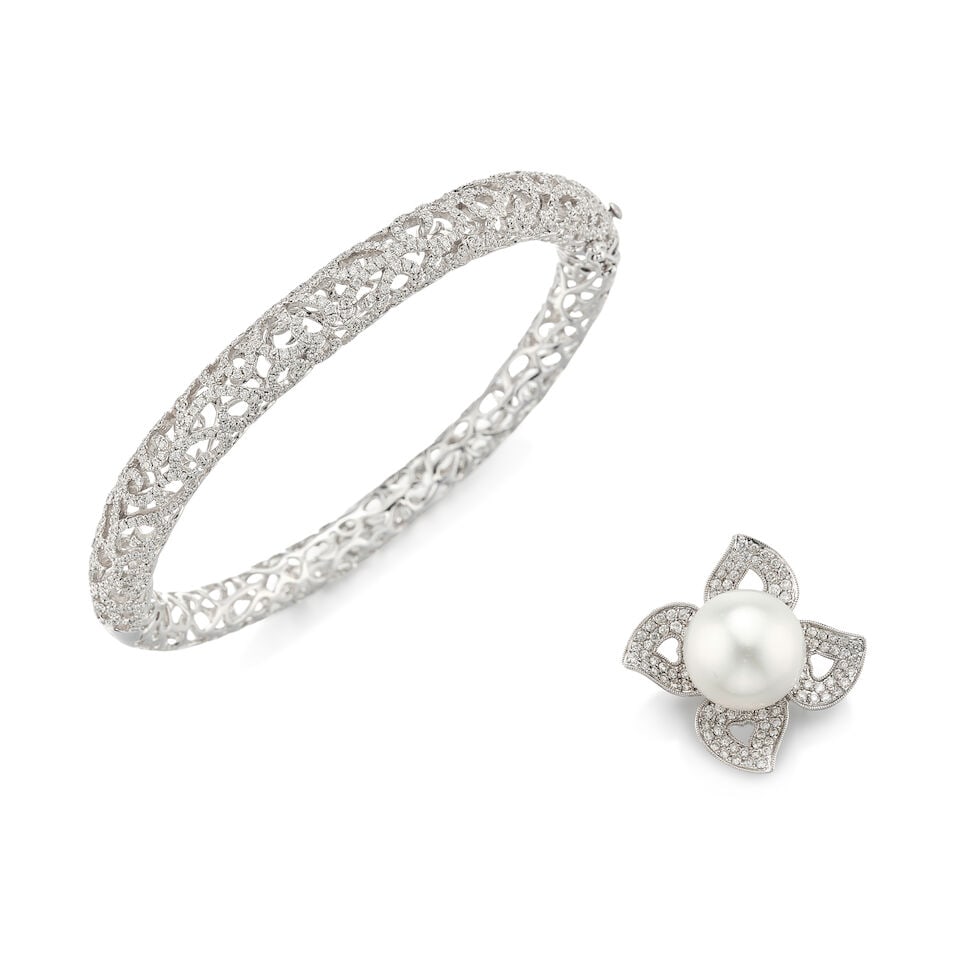 CULTURED PEARL AND DIAMOND RING; AND DIAMOND BANGLE (2): CULTURED PEARL AND DIAMOND RING; AND DIAMOND BANGLE 養殖珍珠配鑽石戒指，及鑽石手鐲 Cultured pearl: approx.