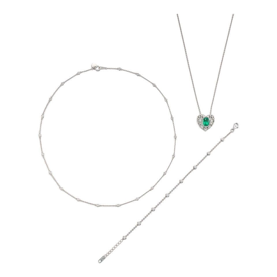 EMERALD AND DIAMOND PENDANT NECKLACE, DIAMOND NECKLACE AND BRACELET (3): EMERALD AND DIAMOND PENDANT NECKLACE, DIAMOND NECKLACE AND BRACELET 祖母綠配鑽石吊墜項鍊，及鑽石項鍊