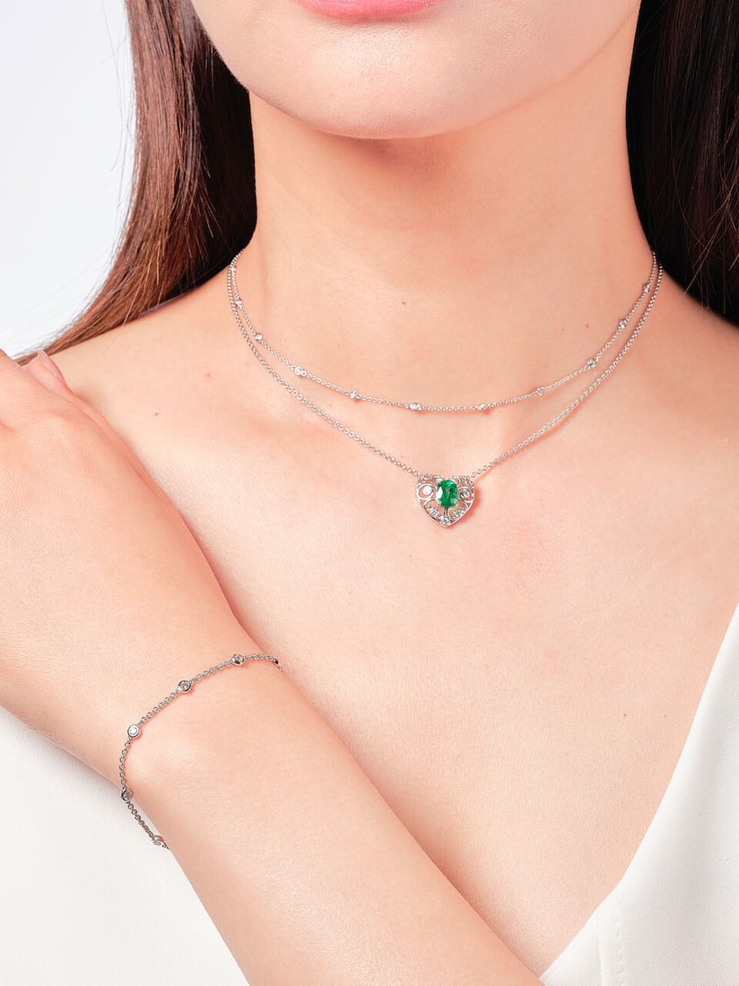 EMERALD AND DIAMOND PENDANT NECKLACE, DIAMOND NECKLACE AND BRACELET (3) - 2