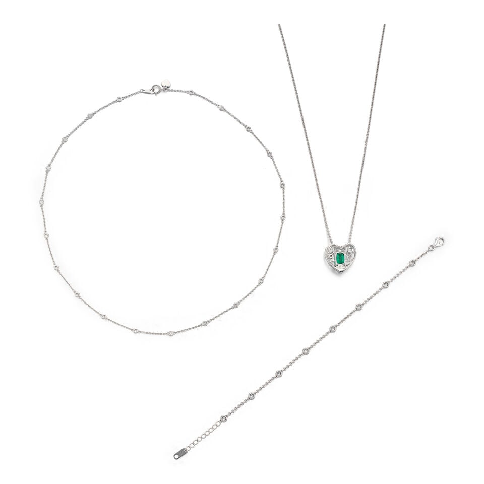EMERALD AND DIAMOND PENDANT NECKLACE, DIAMOND NECKLACE AND BRACELET (3) - 3