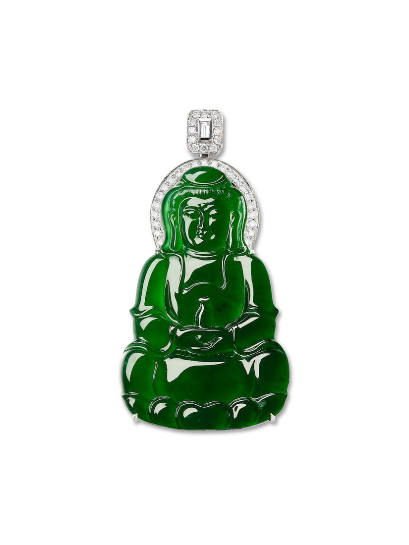 JADEITE AND DIAMOND 'GUANYIN' PENDANT: JADEITE AND DIAMOND 'GUANYIN' PENDANT 天然翡翠配鑽石「觀音」吊墜 Certificate: HKJSL, jadeite, natural, type A (SJ 251595,