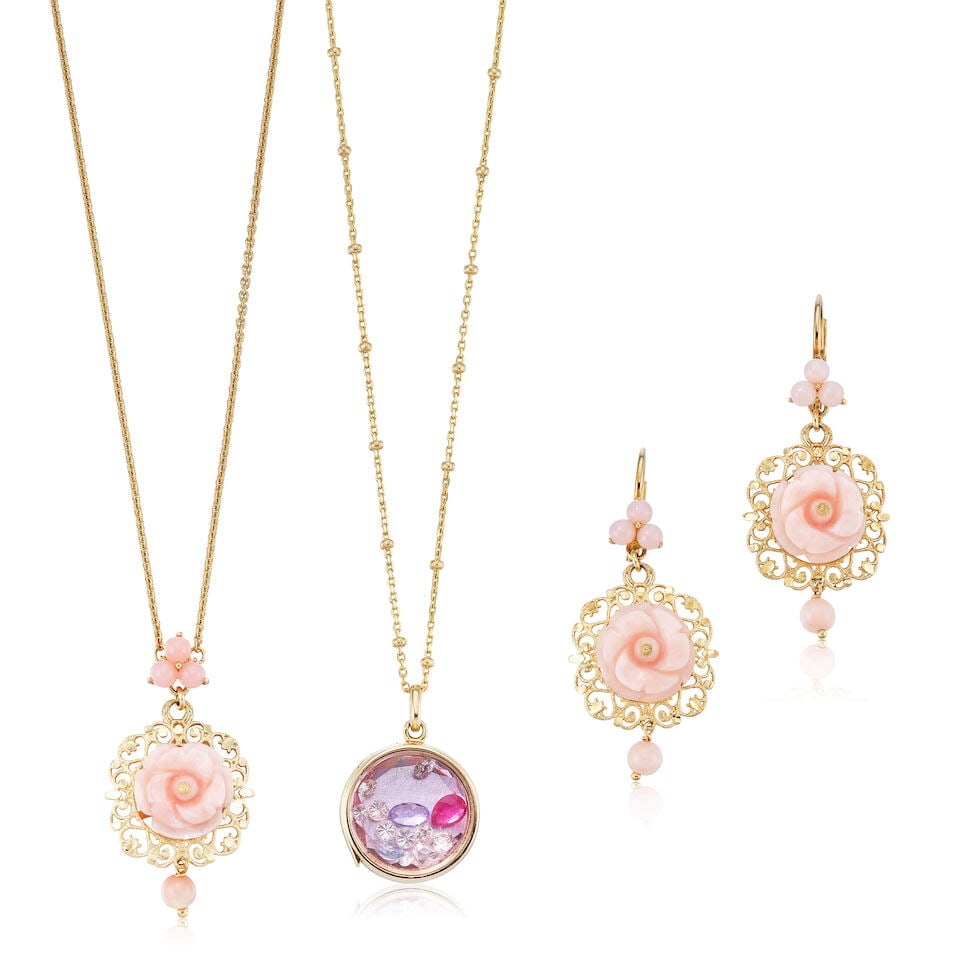 DOLCE & GABBANA: PINK OPAL 'ROSE' PENDANT NECKLACE AND PENDENT EARRING SET; AND JACQUIE AICHE: U... (1 of 4)