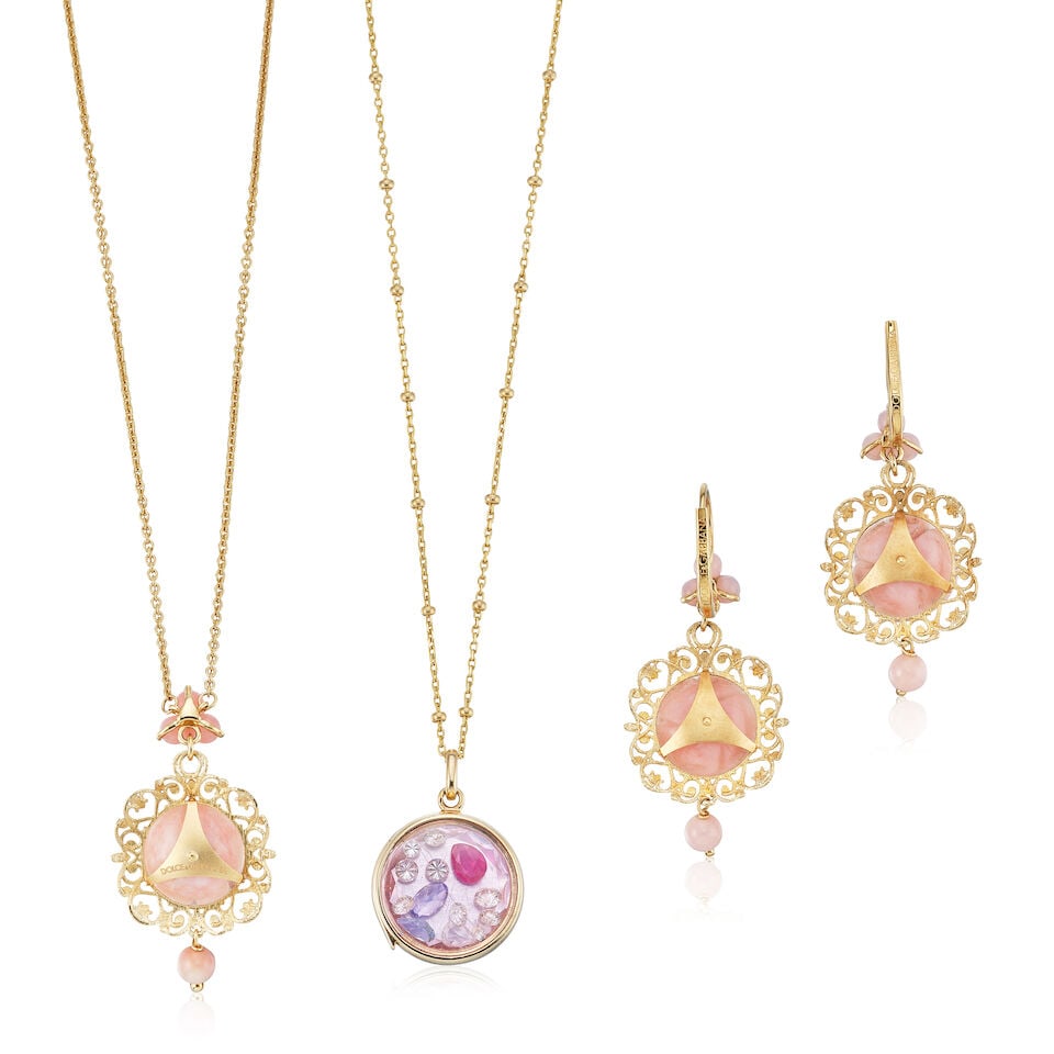 DOLCE & GABBANA: PINK OPAL 'ROSE' PENDANT NECKLACE AND PENDENT EARRING SET; AND JACQUIE AICHE: U... - 3