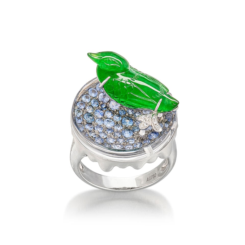 JADEITE, GEM-SET AND DIAMOND RING: JADEITE, GEM-SET AND DIAMOND RING 天然翡翠配藍寶石及鑽石戒指 Certificate: HKJSL, jadeite, natural, type A (KJ 109179, 29