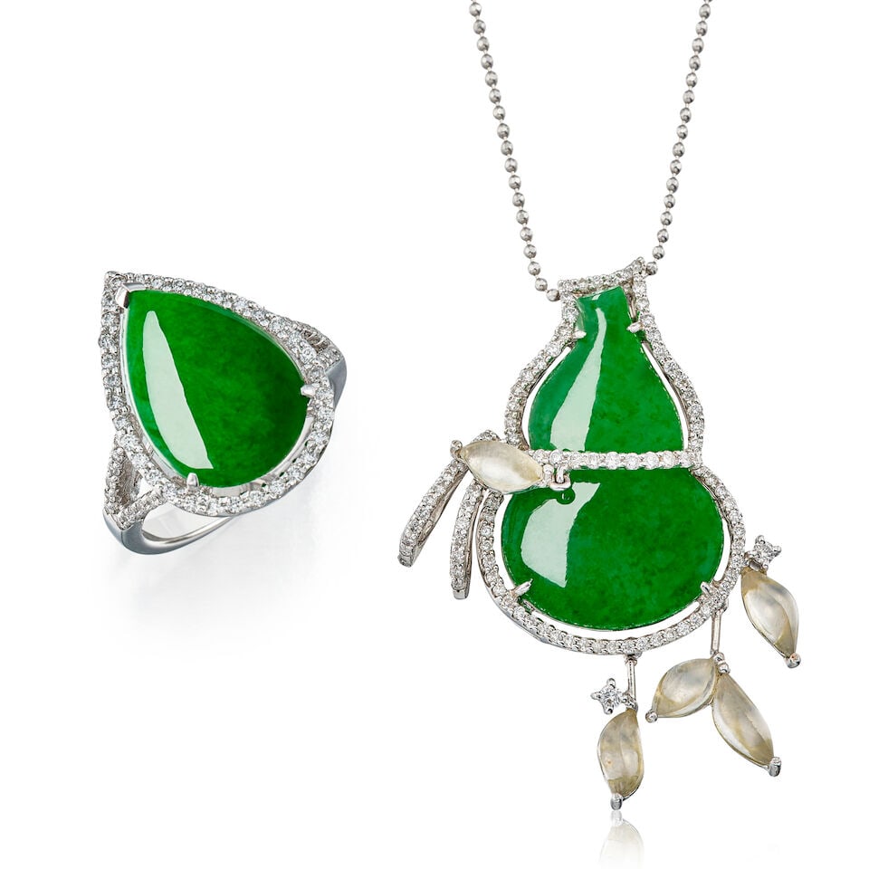 JADEITE, COLOURED JADEITE AND DIAMOND 'GOURD' PENDANT NECKLACE AND RING (2): JADEITE, COLOURED JADEITE AND DIAMOND 'GOURD' PENDANT NECKLACE AND