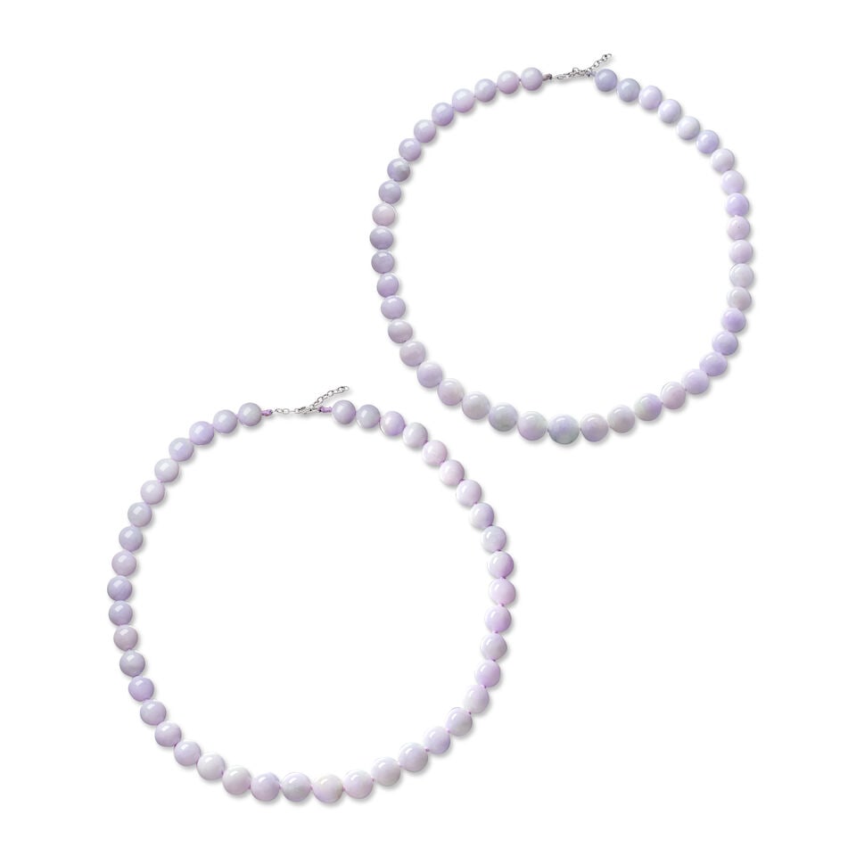 TWO LAVENDER JADEITE BEAD NECKLACES (2): TWO LAVENDER JADEITE BEAD NECKLACES 天然紫色翡翠串珠項鍊兩條 Certificates: 2 HKJSL, selected jadeites, natural, type A (SJ