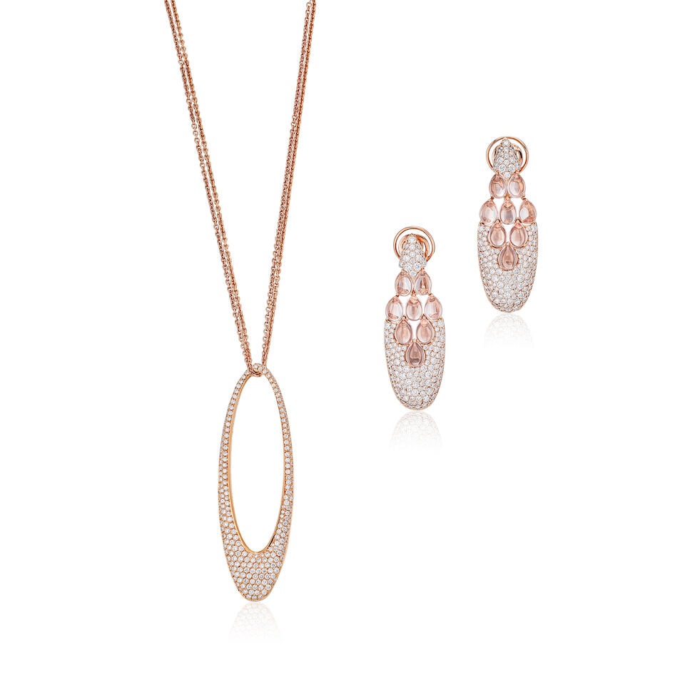 DIAMOND AND GEM-SET NECKLACE AND EARRING SET (2): DIAMOND AND GEM-SET NECKLACE AND EARRING SET 鑽石配彩色寶石項鍊及耳環套裝 Metal: 18 karat pink gold Length: pendant 