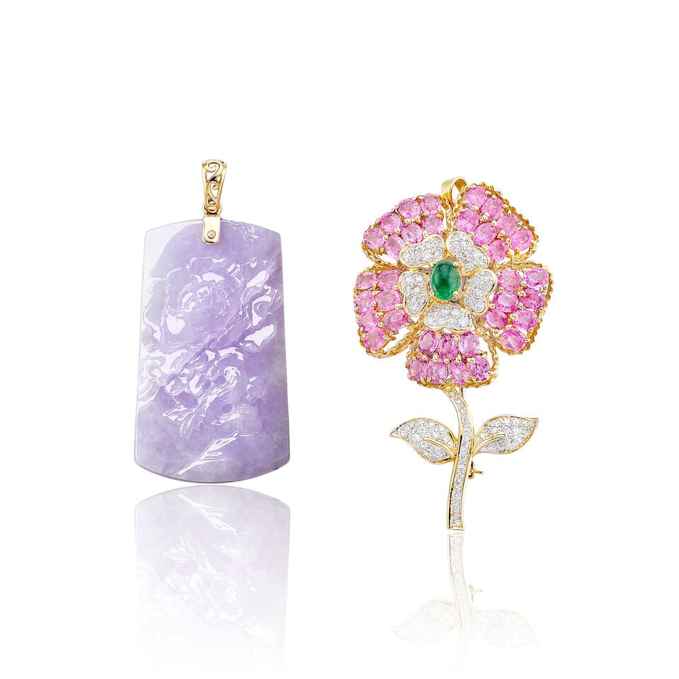 GEM-SET AND DIAMOND 'FLOWER' BROOCH/PENDANT; AND LAVENDER JADEITE PENDANT (2): GEM-SET AND DIAMOND 'FLOWER' BROOCH/PENDANT; AND LAVENDER JADEITE