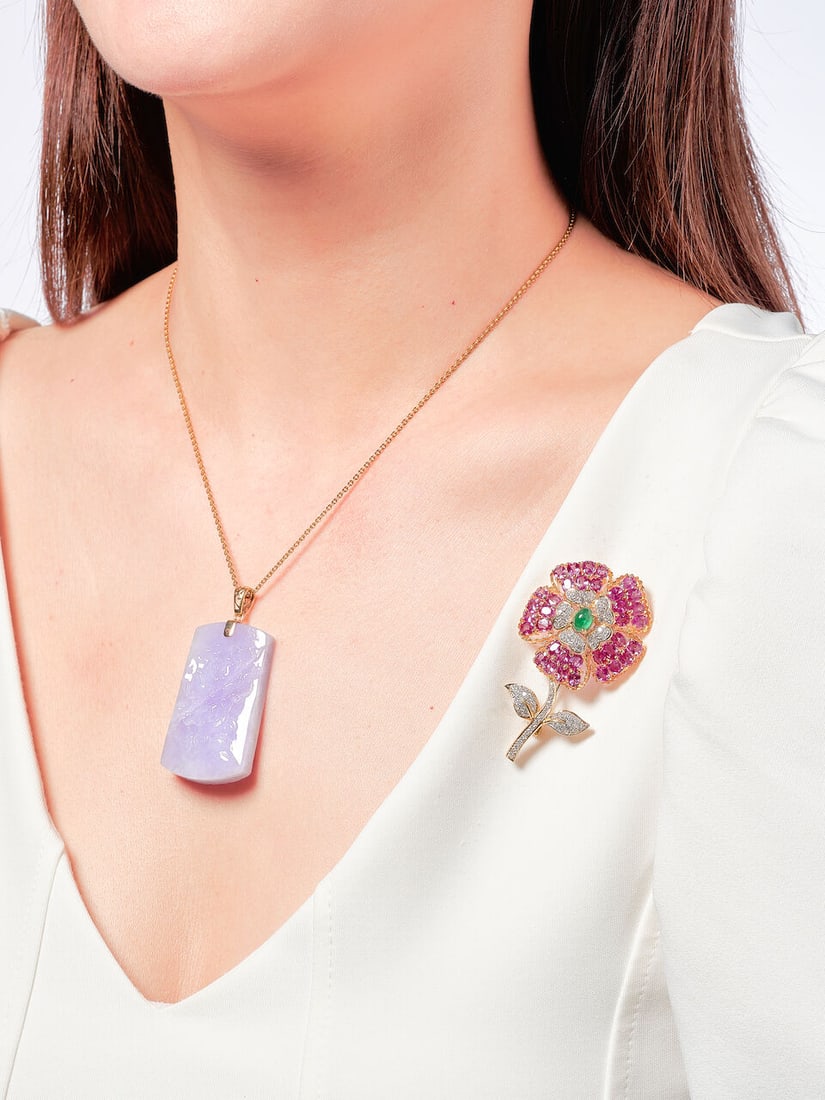 GEM-SET AND DIAMOND 'FLOWER' BROOCH/PENDANT; AND LAVENDER JADEITE PENDANT (2) - 2