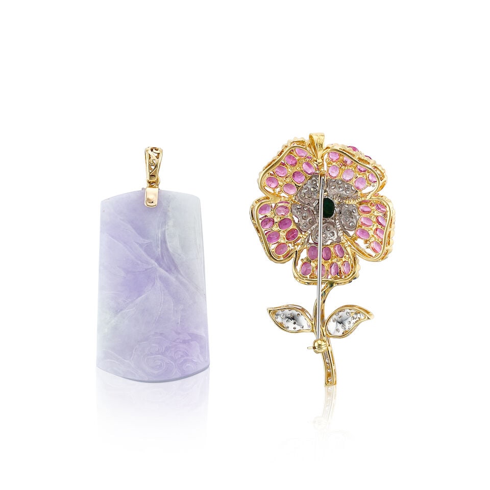 GEM-SET AND DIAMOND 'FLOWER' BROOCH/PENDANT; AND LAVENDER JADEITE PENDANT (2) - 3