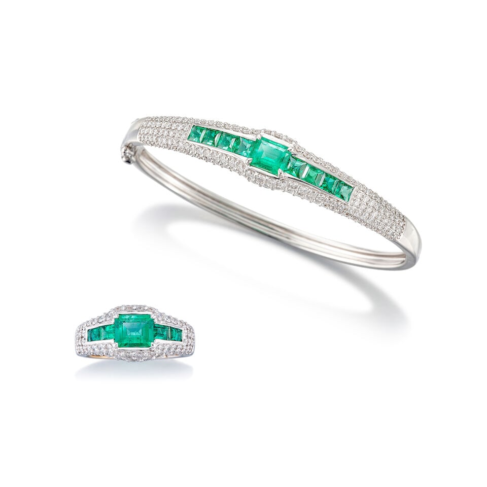 EMERALD AND DIAMOND BANGLE AND RING SET (2) (2) - 2