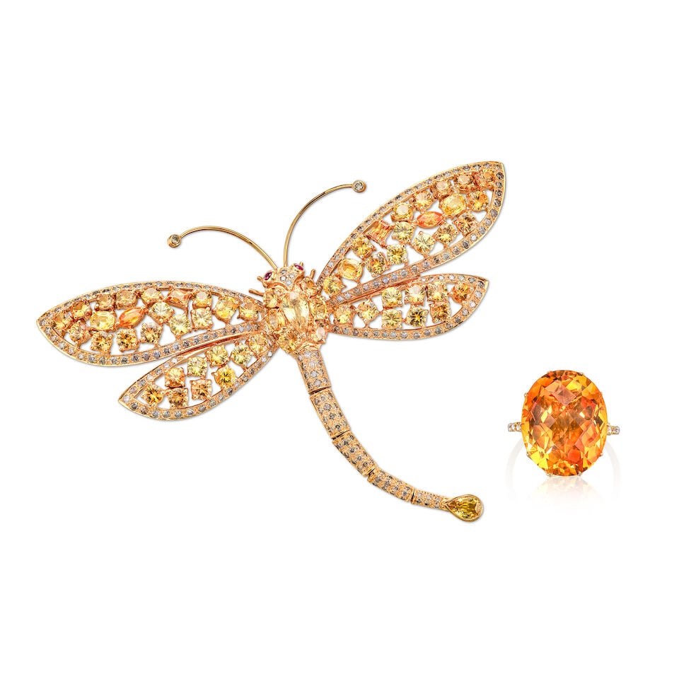 GEM-SET, COLOURED DIAMOND AND DIAMOND 'DRAGONFLY' BROOCH AND RING (2): GEM-SET, COLOURED DIAMOND AND DIAMOND 'DRAGONFLY' BROOCH AND