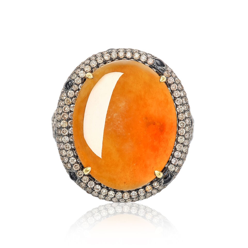 YELLOW JADEITE, COLOURED DIAMOND, DIAMOND AND BLACK ENAMEL RING: YELLOW JADEITE, COLOURED DIAMOND, DIAMOND AND BLACK ENAMEL