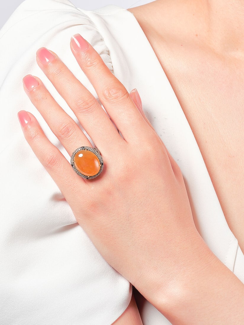 YELLOW JADEITE, COLOURED DIAMOND, DIAMOND AND BLACK ENAMEL RING - 2