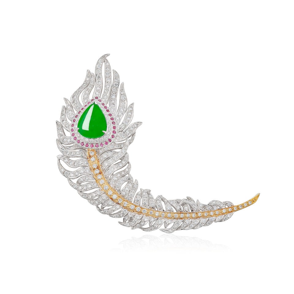 JADEITE, GEM-SET AND DIAMOND 'FEATHER' BROOCH: JADEITE, GEM-SET AND DIAMOND 'FEATHER' BROOCH 天然翡翠配紅寶石配鑽石別針 Certificate: HKJSL, jadeite, natural, type A (SJ