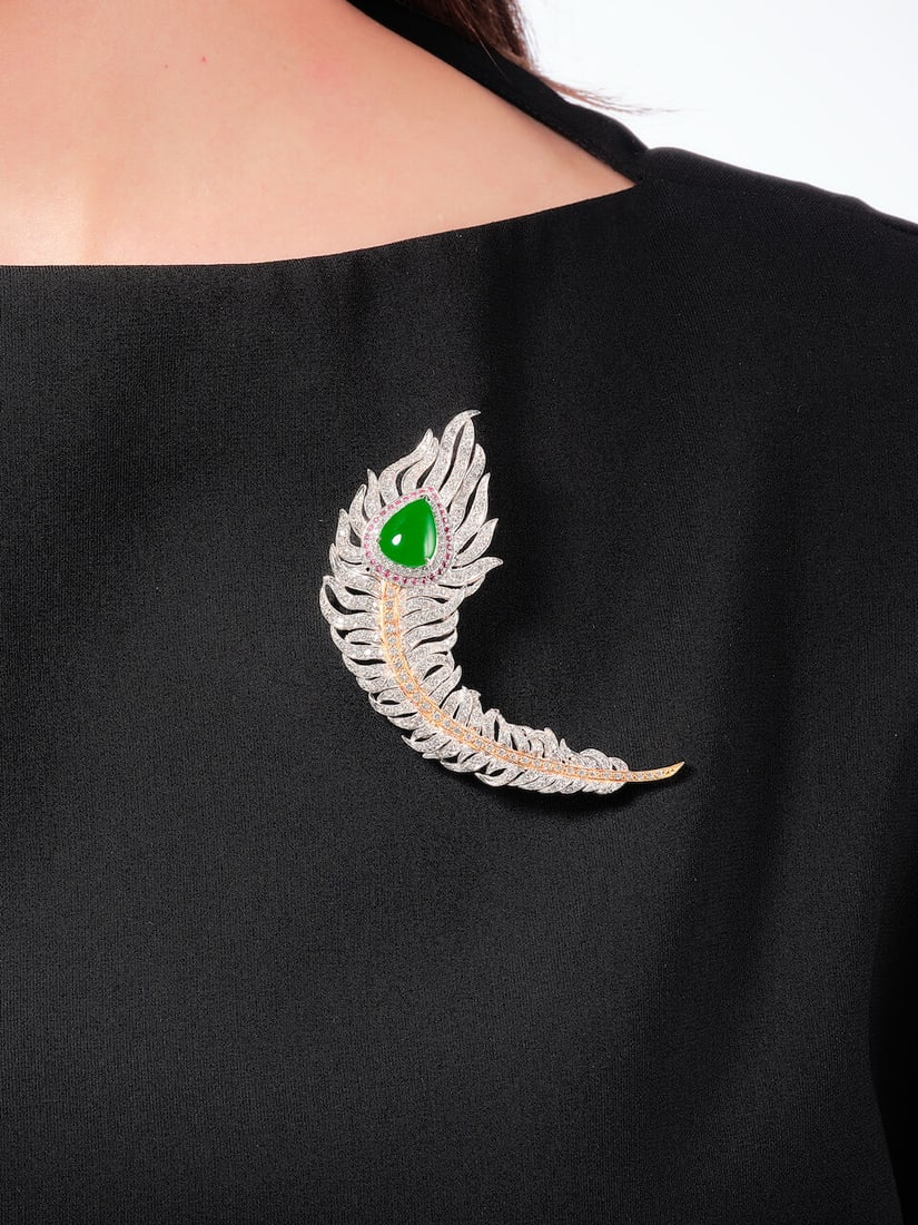 JADEITE, GEM-SET AND DIAMOND 'FEATHER' BROOCH - 2