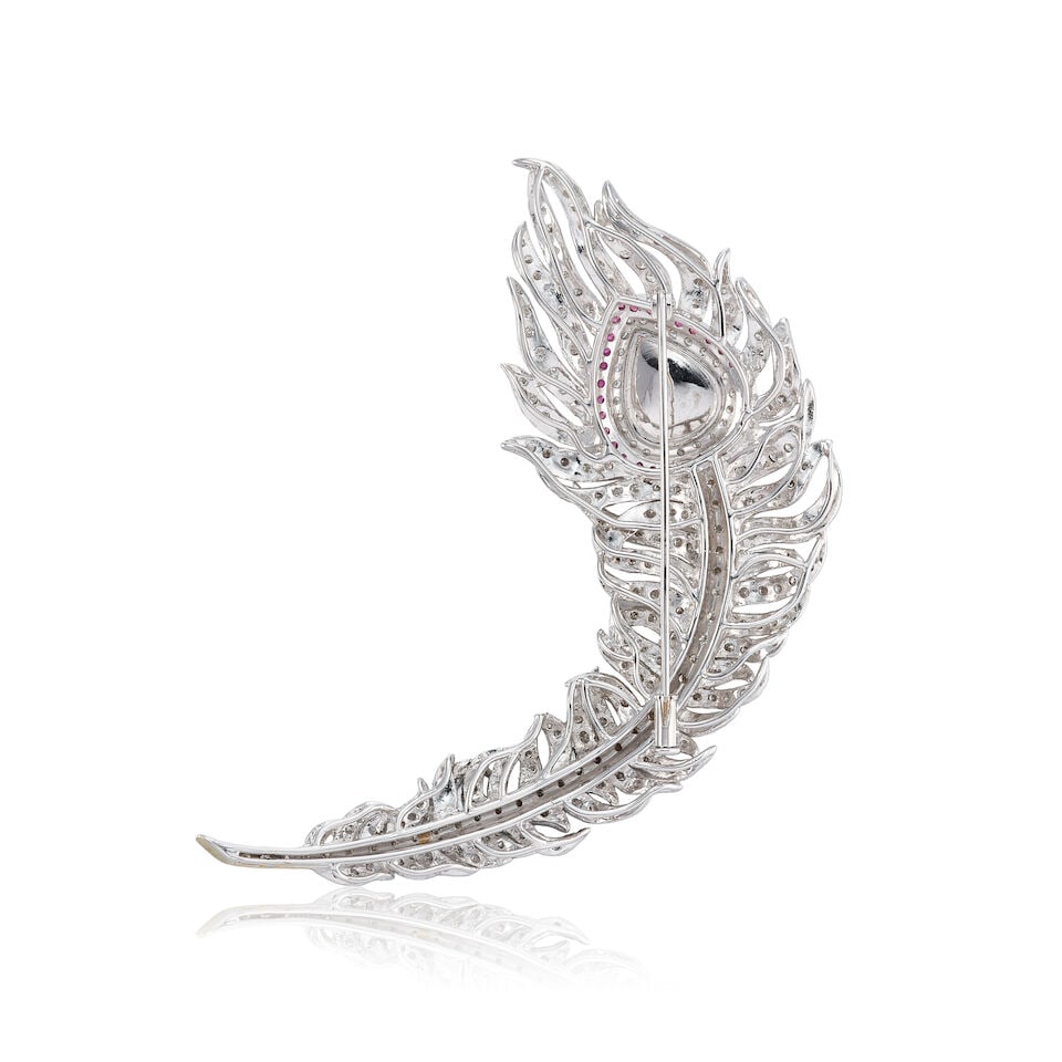 JADEITE, GEM-SET AND DIAMOND 'FEATHER' BROOCH - 3