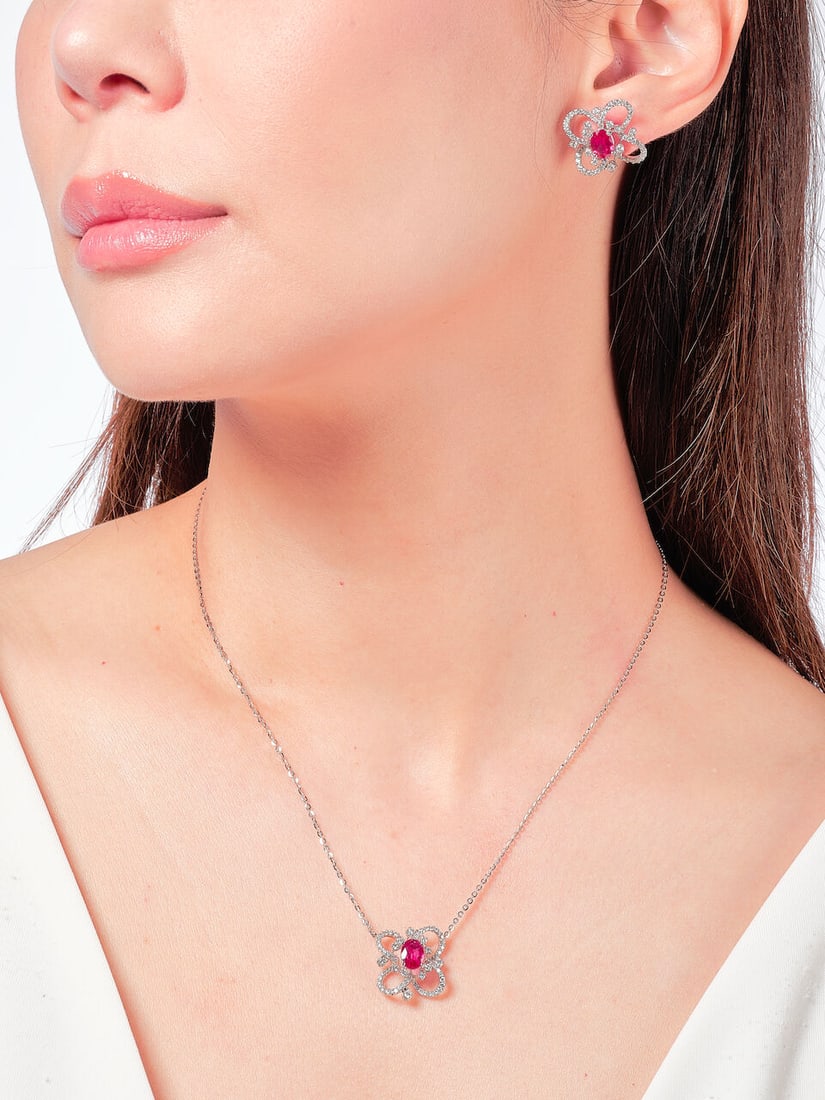 RUBY AND DIAMOND PENDANT NECKLACE AND EARRING SET (2) - 2