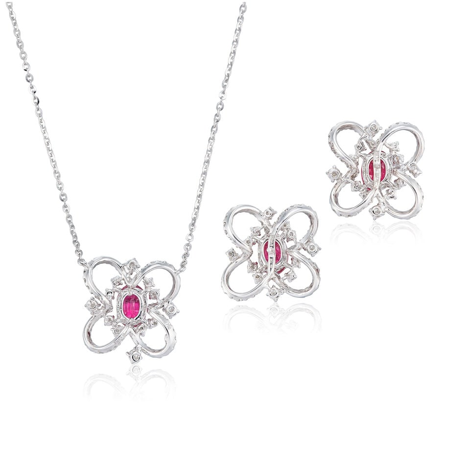 RUBY AND DIAMOND PENDANT NECKLACE AND EARRING SET (2) - 3
