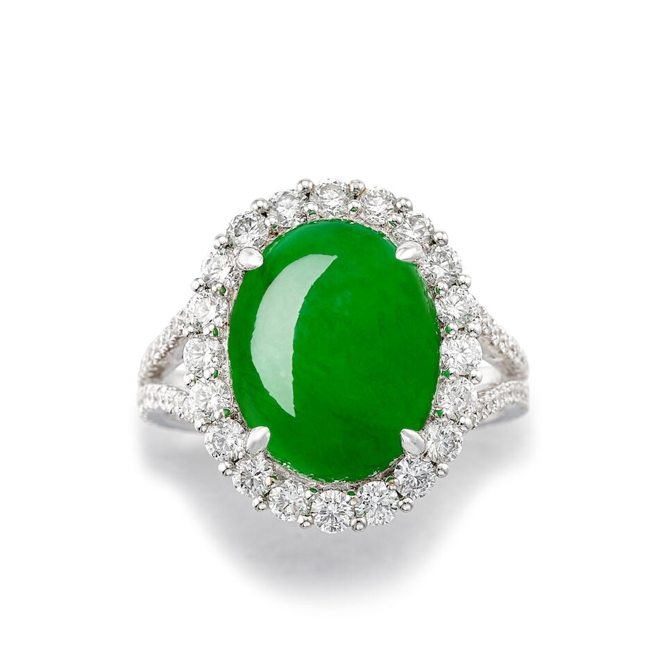 JADEITE AND DIAMOND RING: JADEITE AND DIAMOND RING 天然翡翠配鑽石戒指 Certificate: HKJSL, jadeite, natural, type A (KJ 107642, 13 March 2025) Jadeite: approx. 12.75 x