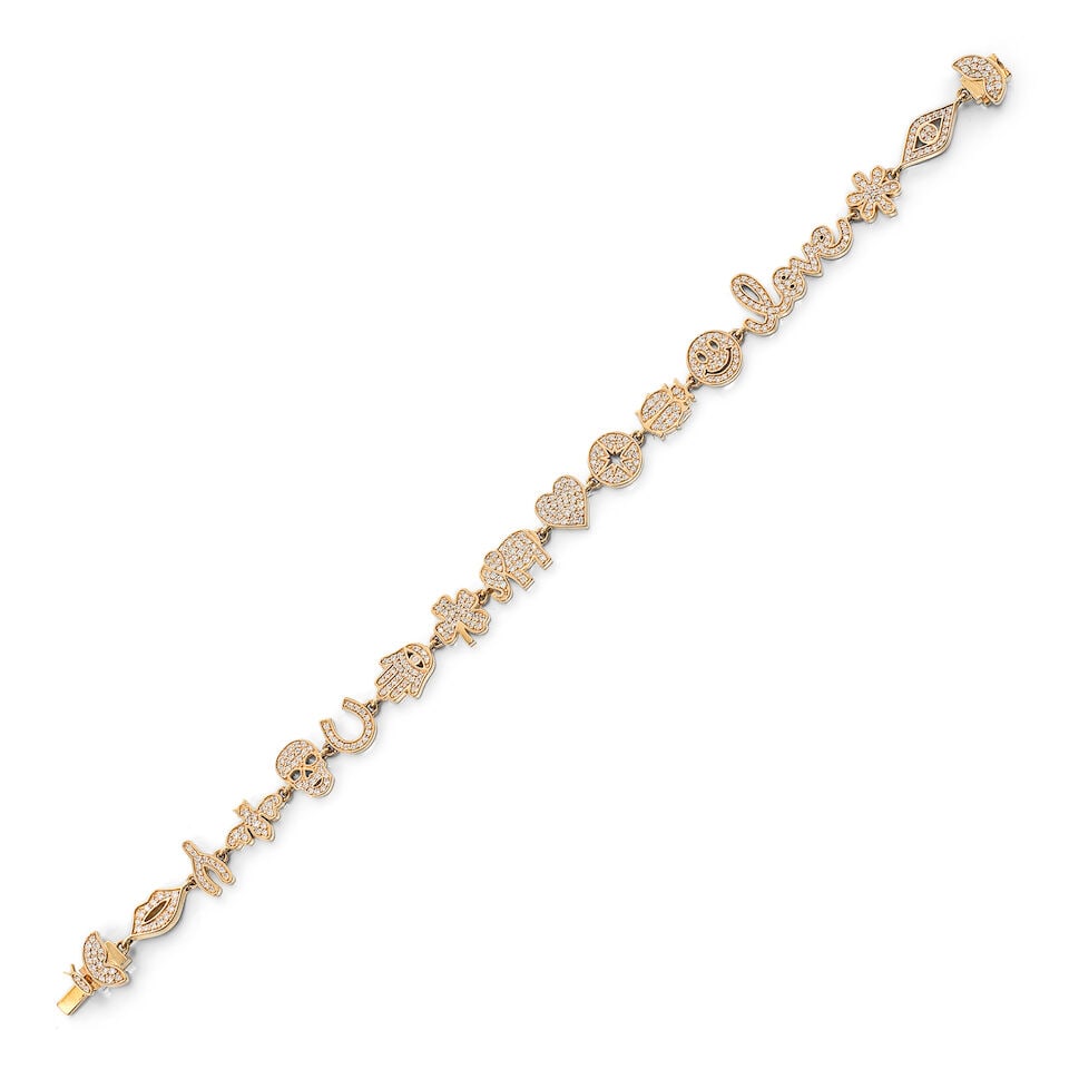SYDNEY EVAN: DIAMOND 'MULTI-ICON' BRACELET: SYDNEY EVAN: DIAMOND 'MULTI-ICON' BRACELET Sydney Evan: 「Multi-icon」鑽石手鍊 Signature: maker's mark for Sydney Evan Metal: 18 karat yellow gold Length:
