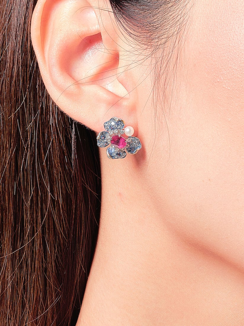 PAIR OF RUBY, SAPPHIRE, CULTURED PEARL, PINK SAPPHIRE AND DIAMOND EARRINGS - 2