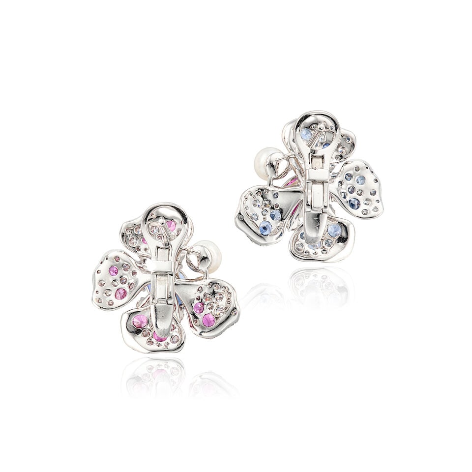 PAIR OF RUBY, SAPPHIRE, CULTURED PEARL, PINK SAPPHIRE AND DIAMOND EARRINGS - 4