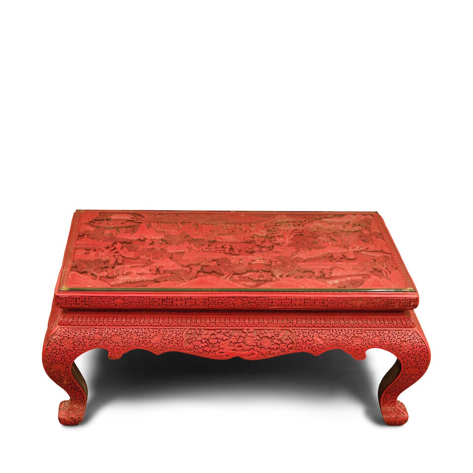 A CARVED CINNABAR LACQUER 'BIRTHDAY' KANG TABLE Late Qing Dynasty (1 of 3)