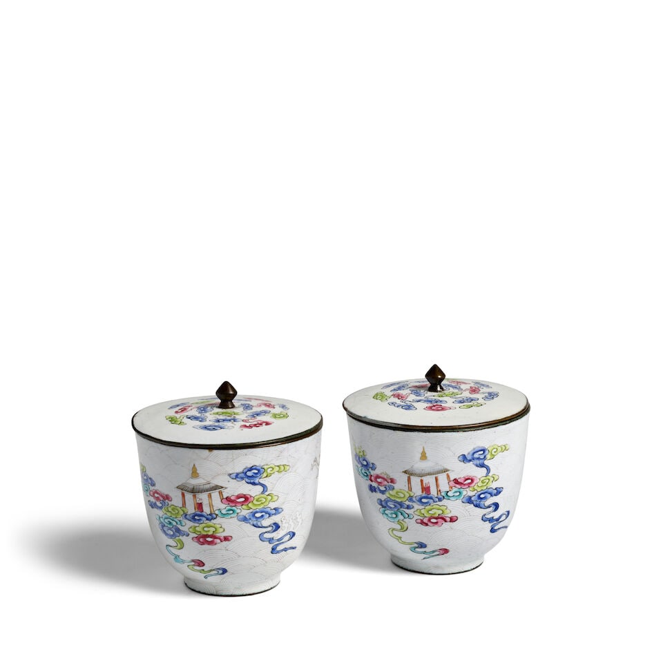 A PAIR OF PAINTED ENAMEL WHITE-GROUND 'IMMORTALS' COPPER CUPS AND COVERS Yangyuan fang gu marks,... - 2