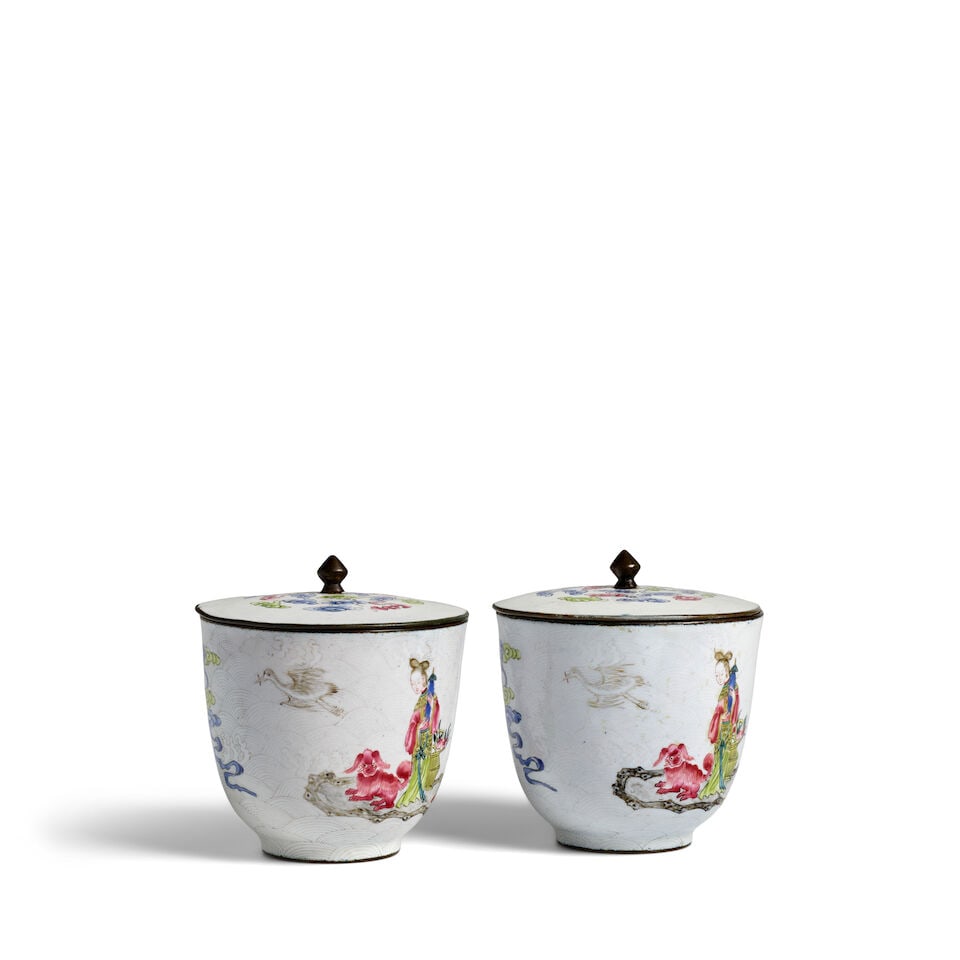 A PAIR OF PAINTED ENAMEL WHITE-GROUND 'IMMORTALS' COPPER CUPS AND COVERS Yangyuan fang gu marks,... - 3
