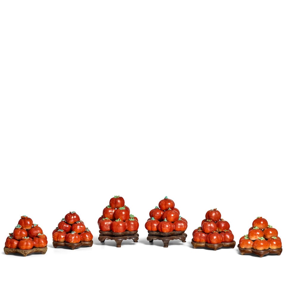 A GROUP OF SIX ENAMELED PORCELAIN PERSIMMONS CLUSTERS 19th century (6): A GROUP OF SIX ENAMELED PORCELAIN PERSIMMONS CLUSTERS 19th century 3 1/2in (9cm) height of largest (6). Footnotes: 十九世紀
