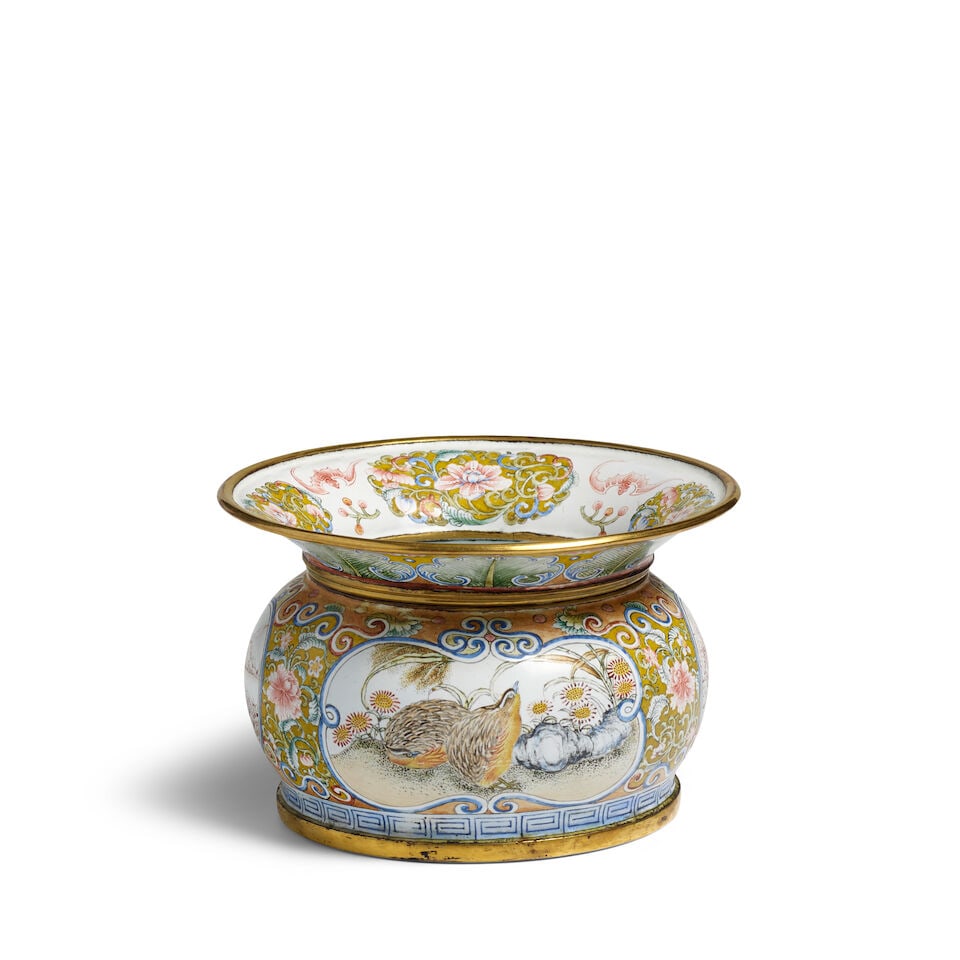 A PAINTED ENAMEL 'QUAILS AND CHRYSANTHEMUM' SPITTOON, ZHADOU Yongzheng incised four-character ma... (1 of 4)