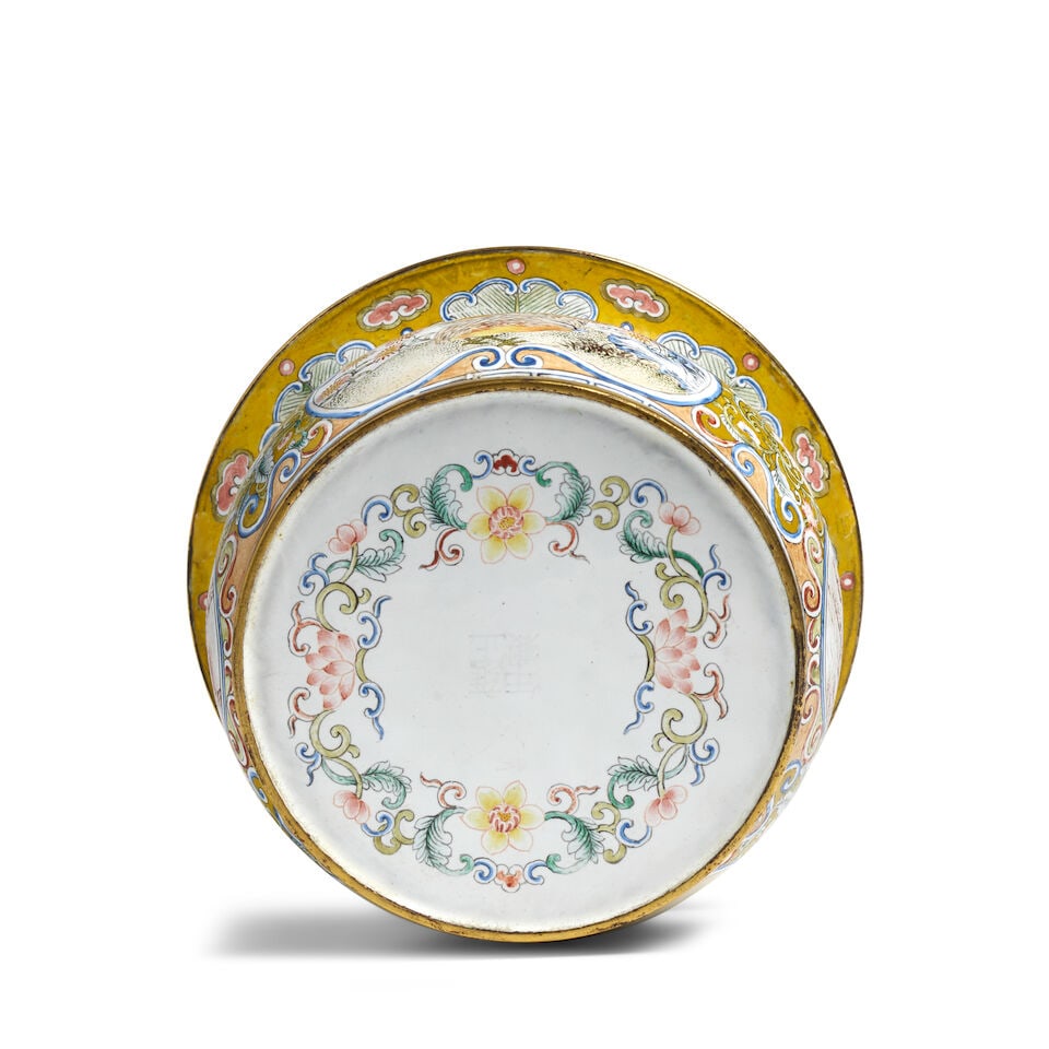 A PAINTED ENAMEL 'QUAILS AND CHRYSANTHEMUM' SPITTOON, ZHADOU Yongzheng incised four-character ma... - 2
