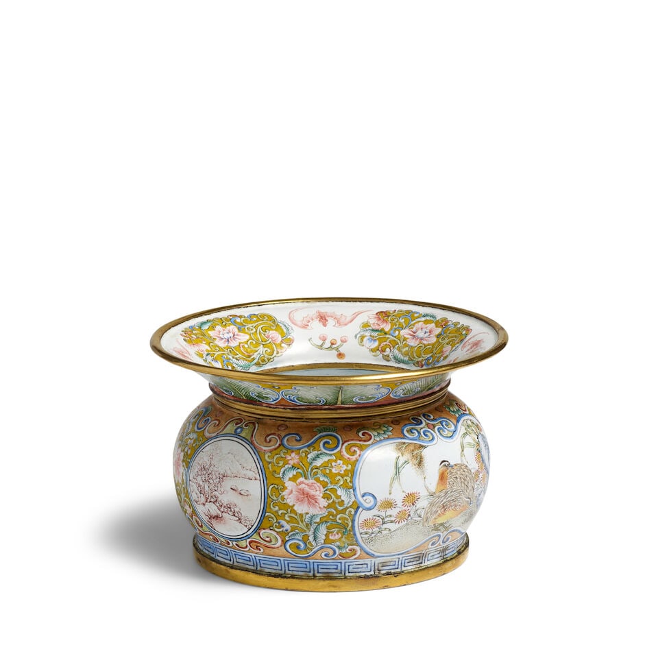 A PAINTED ENAMEL 'QUAILS AND CHRYSANTHEMUM' SPITTOON, ZHADOU Yongzheng incised four-character ma... - 3