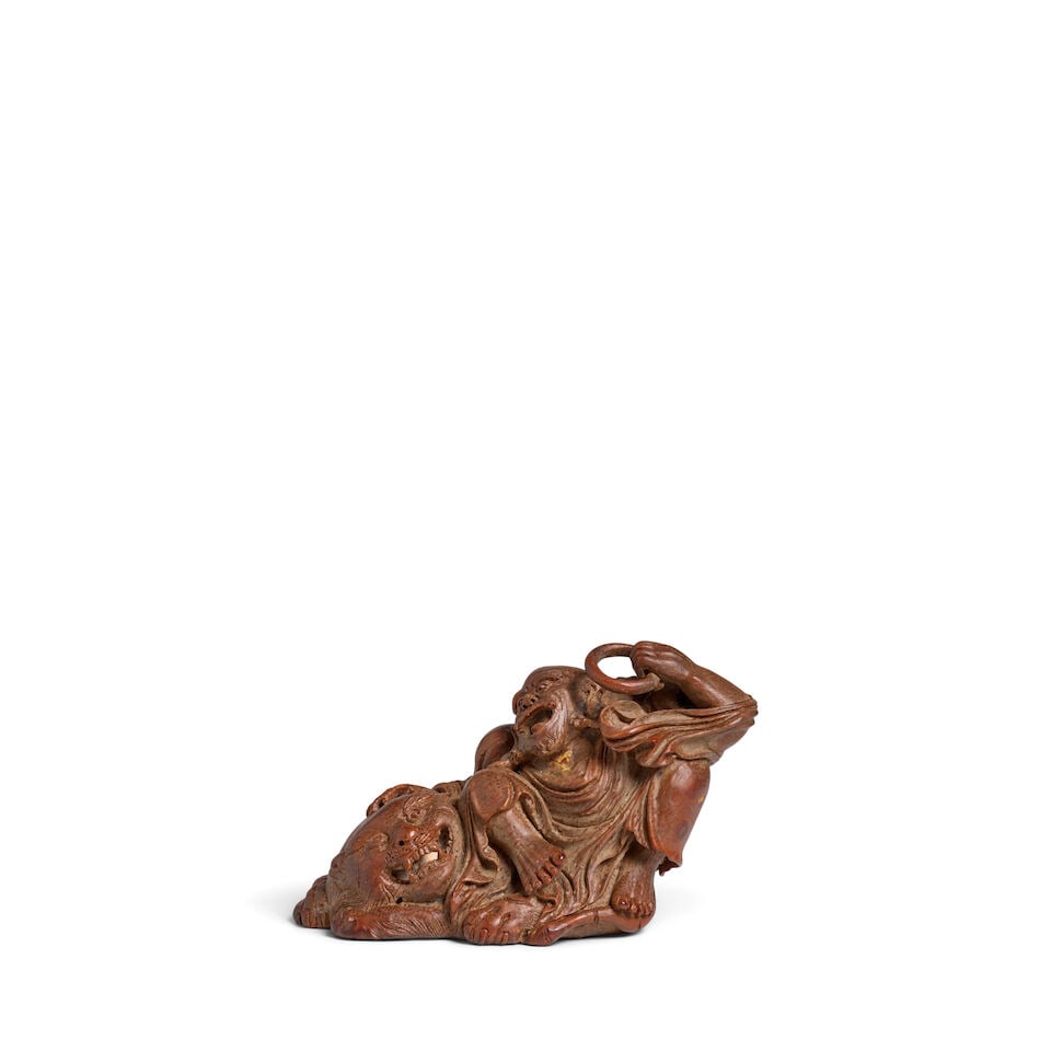 A BAMBOO-ROOT 'LUOHAN AND TIGER' CARVING 18th century - 2