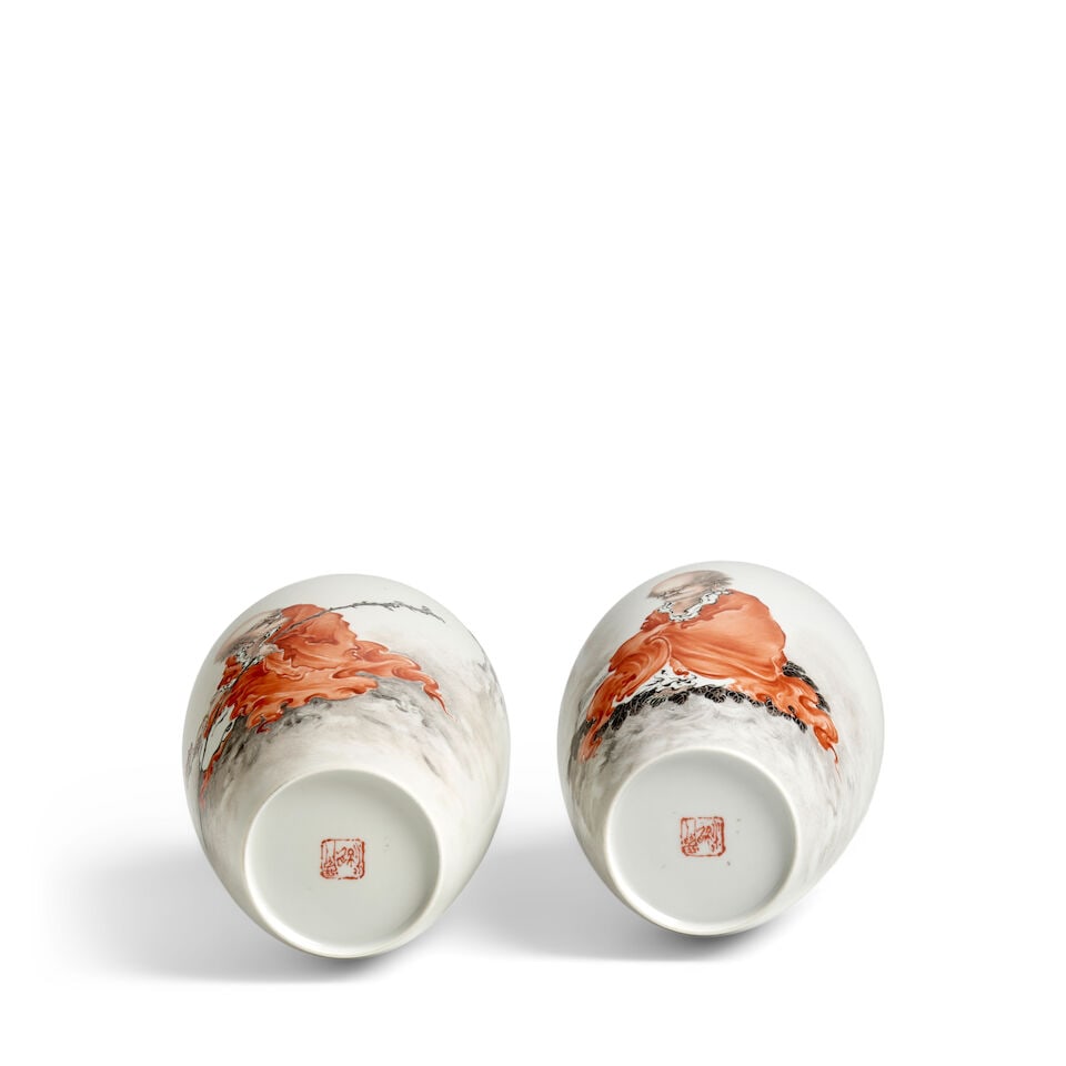 A PAIR OF INSCRIBED AND PAINTED ENAMEL 'LUOHAN' VASES Seals of Zhu Xi, Wang Bu, Chang Hu, 20th c... - 3