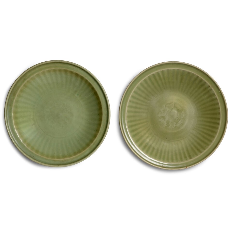 TWO LARGE LONGQUAN CELADON DISHES Ming Dynasty (2) (1 of 2)