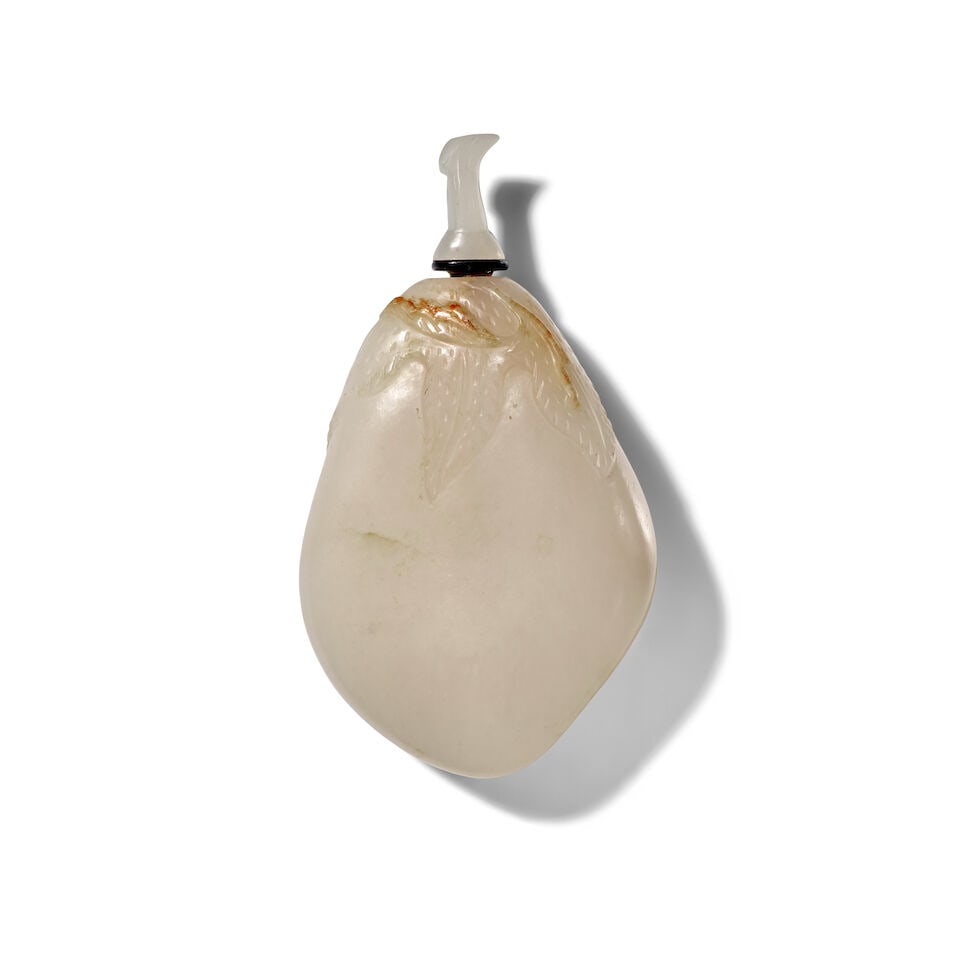 A WHITE JADE 'EGGPLANT' SNUFF BOTTLE WITH RUSSET INCLUSIONS 1780-1870 (1 of 2)
