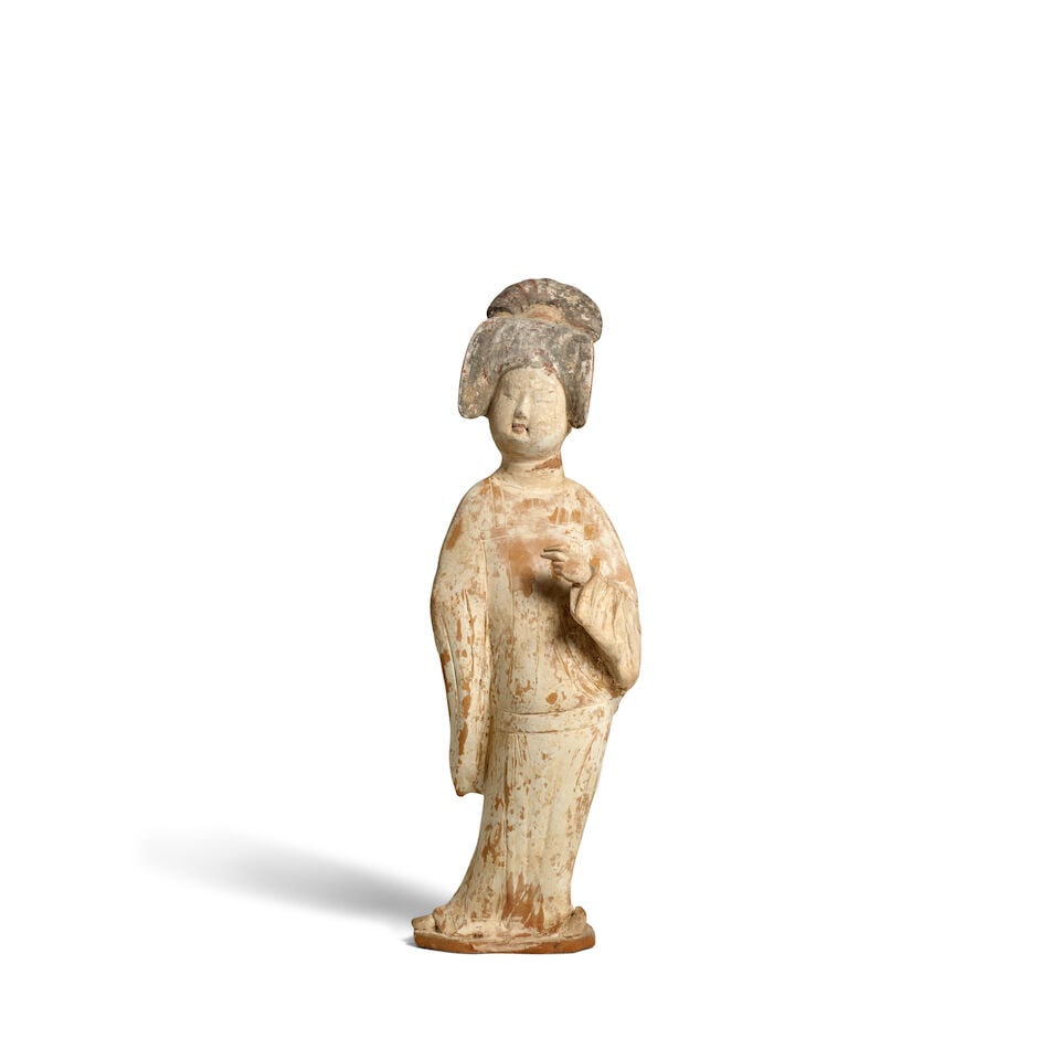 A PAINTED POTTERY FIGURE A 'FAT LADY' Tang Dynasty: A PAINTED POTTERY FIGURE A 'FAT LADY' Tang Dynasty 19 1/2in (49.5cm) high Footnotes: 唐 陶加彩仕女立俑 Provenance: The Alan and Simone Hartman