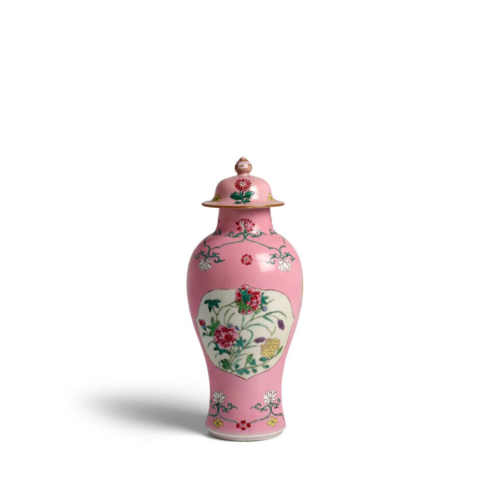 A PINK-GROUND FAMILLE-ROSE SLENDER BALUSTER VASE AND COVER Circa 1730 (1 of 3)