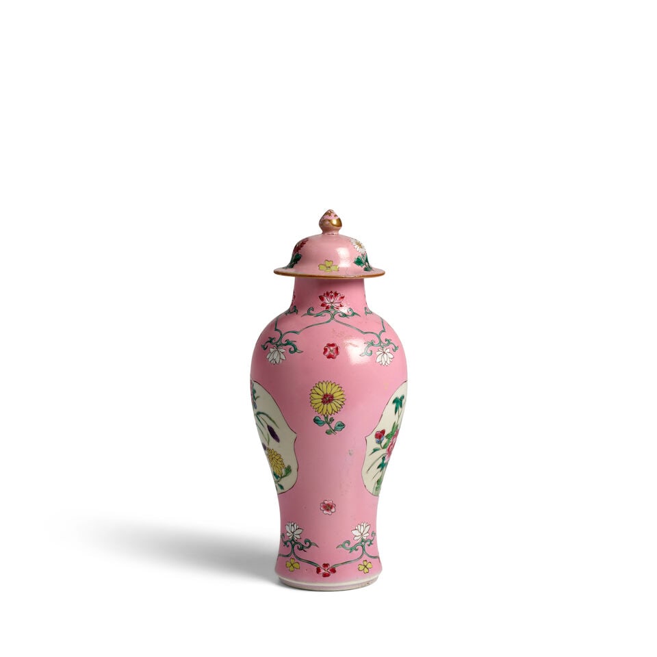 A PINK-GROUND FAMILLE-ROSE SLENDER BALUSTER VASE AND COVER Circa 1730 - 3