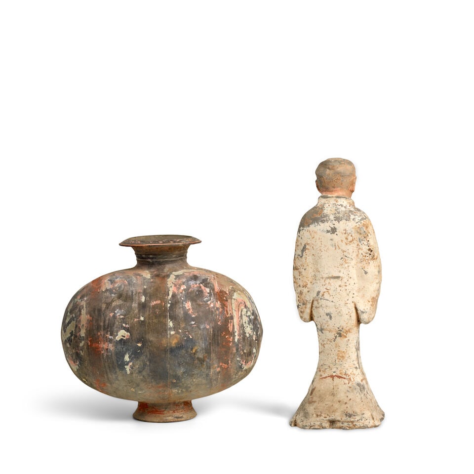 A PAINTED POTTERY ATTENDANT AND A PAINTED POTTERY 'COCOON' JAR Han Dynasty (2) - 2